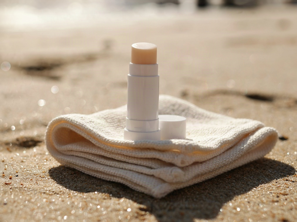 Unbranded spf lip balm stick on a beach towel in strong sunlight, showing sun protection for lips