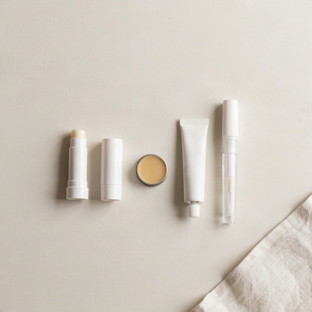 Flat lay of assorted plain lip balm tubes and tins, a buying guide visual for lip balm with sunscreen
