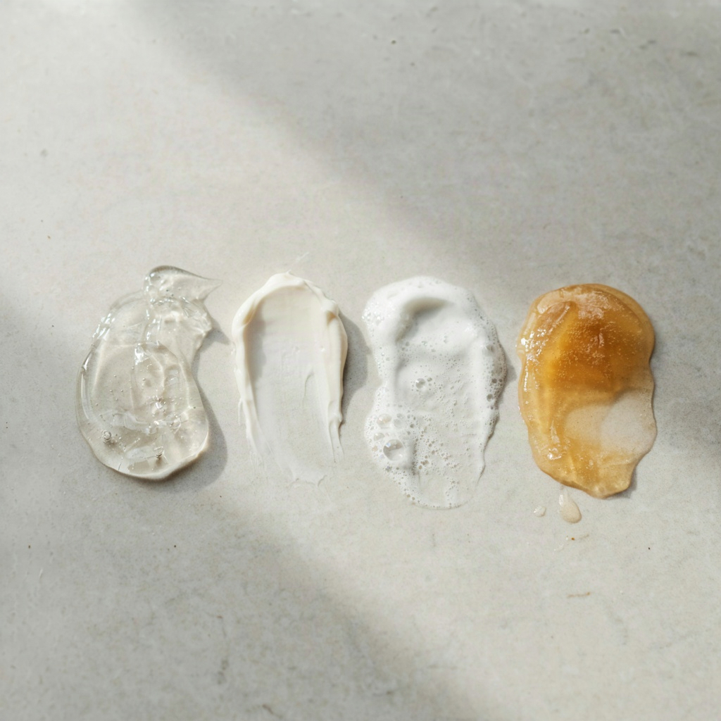 Cleanser textures swatched side by side showing how a facial wash differs by format