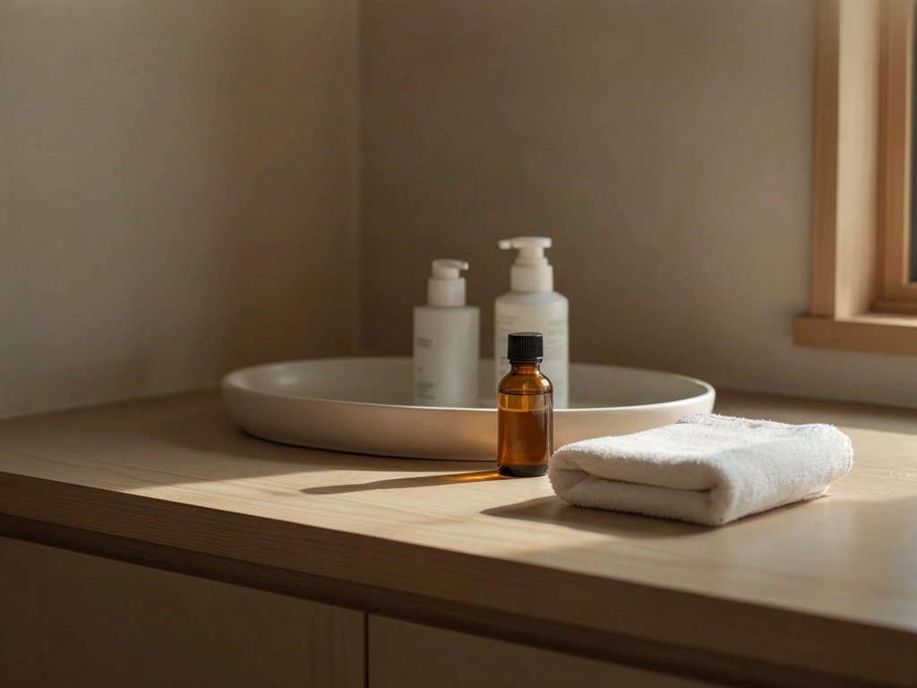 Bathroom sink set up for a daily face wash with an unbranded pump bottle and folded towel