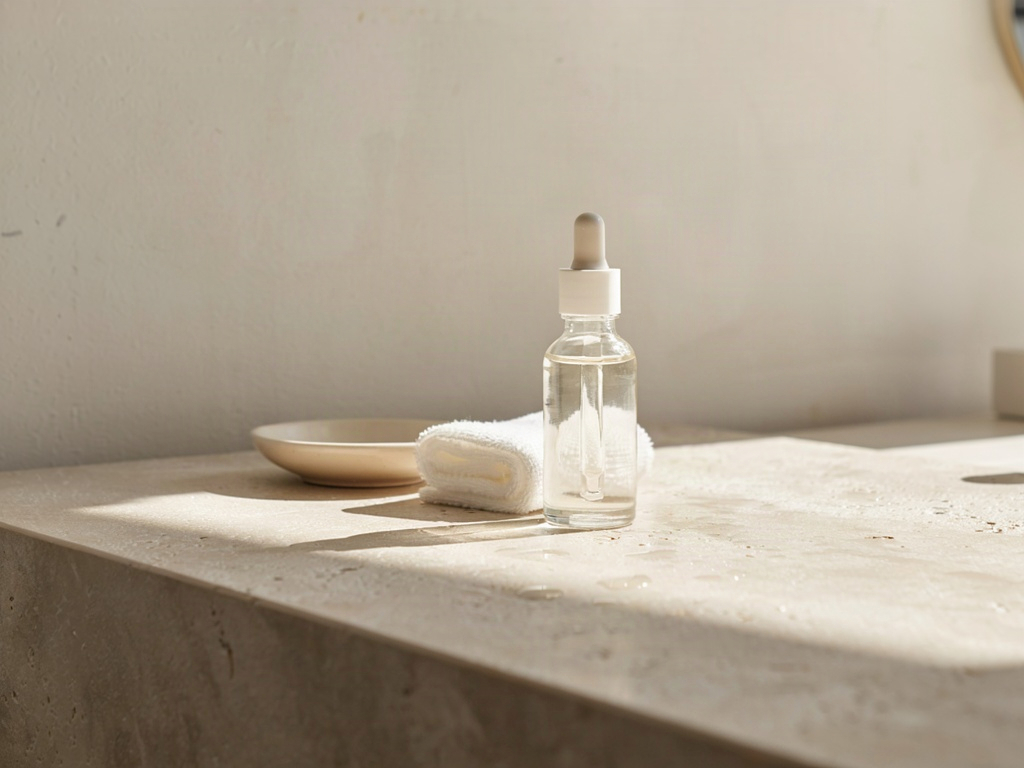 Vitamin C serum dropper bottle beside sunscreen on a sunlit counter showing a morning vitamin c skincare pairing