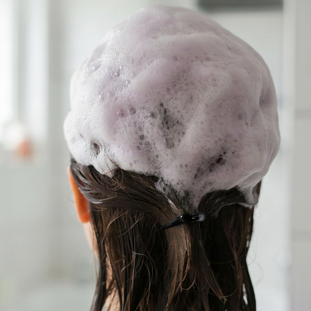 Hello bubble hair color foam resting on freshly colored dark hair in a bathroom mirror reflection