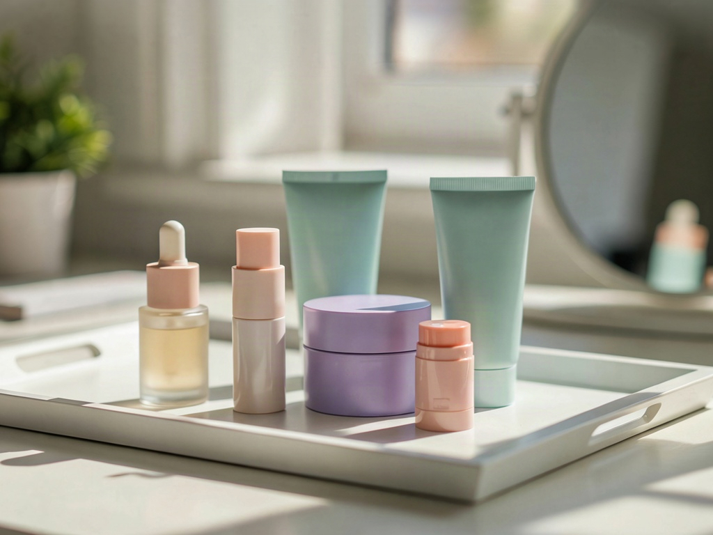 Pastel bubble skin care bottles, a serum and a gel moisturizer, on a teen bedroom vanity
