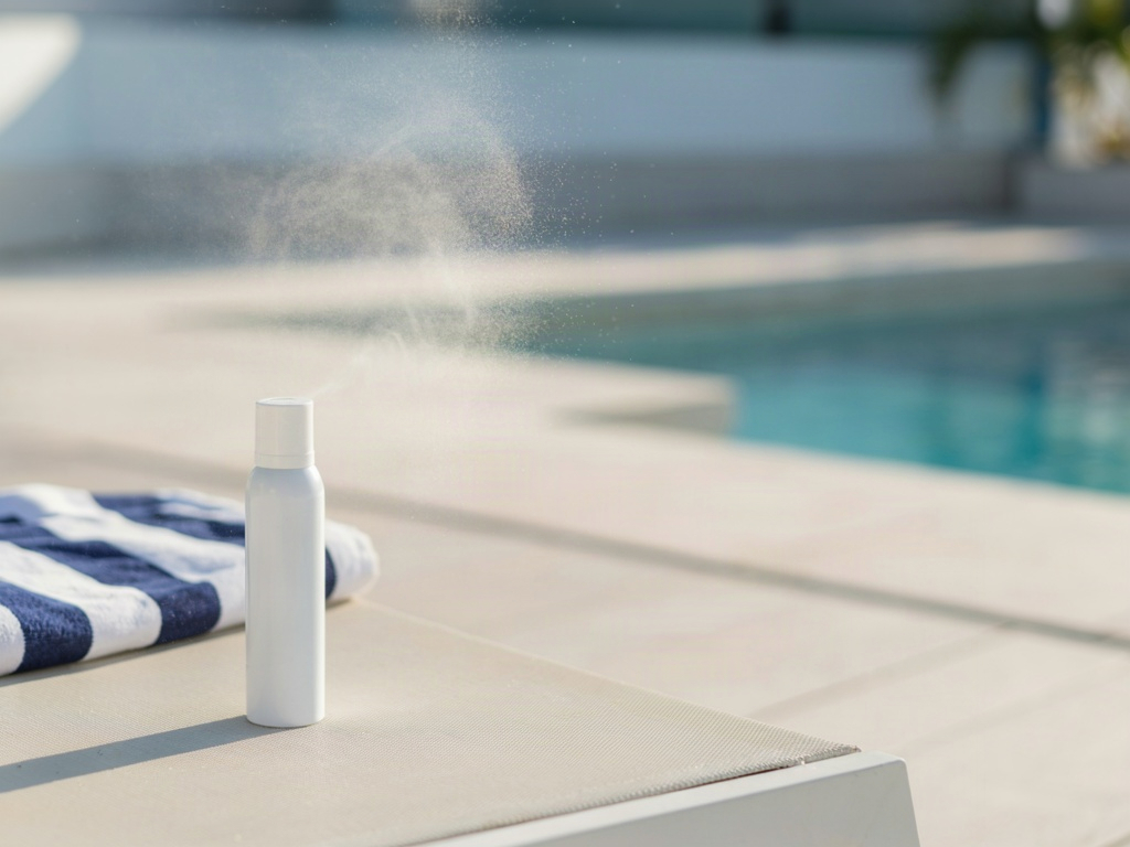 Aerosol spray sun cream mist over a poolside lounger illustrating best sun cream spray and non greasy sun lotion choices