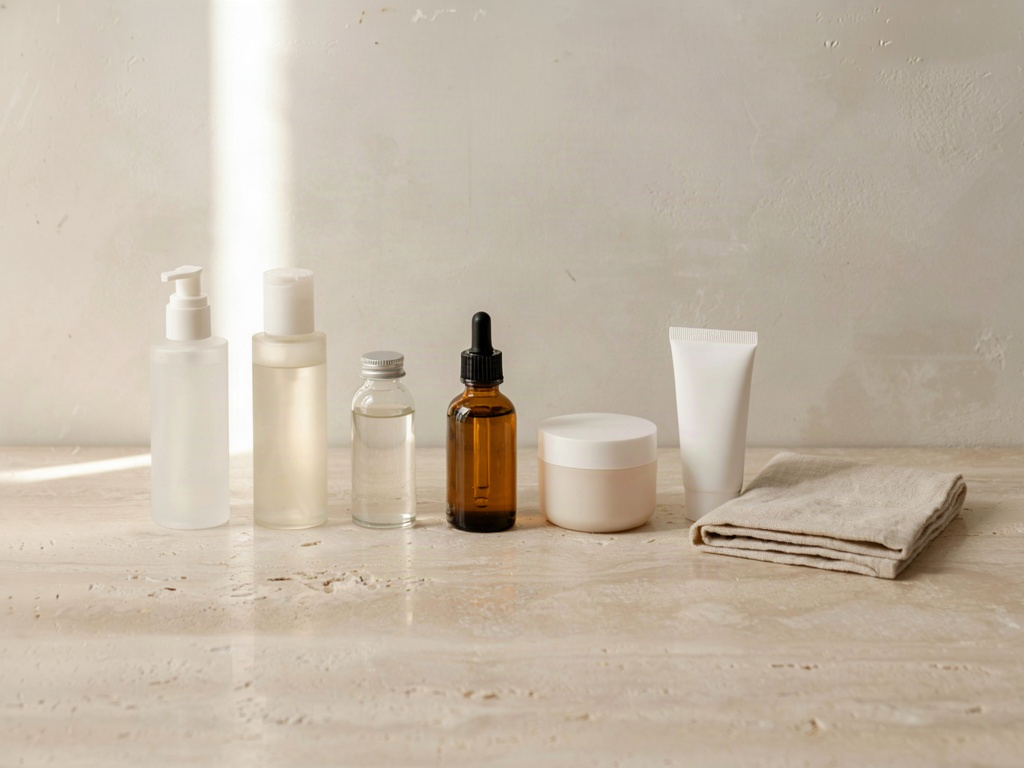 Best skincare products grouped by routine step on a warm stone counter