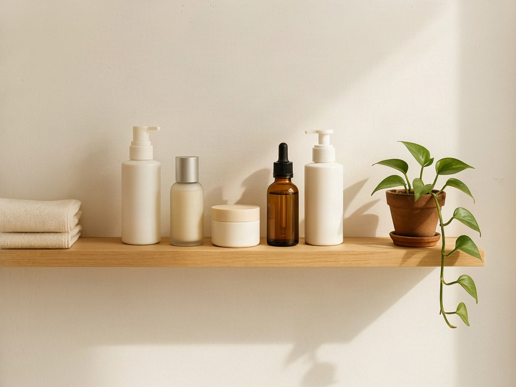Bathroom shelf with unlabeled skincare bottles, the shelf where top rated oil cleansers live