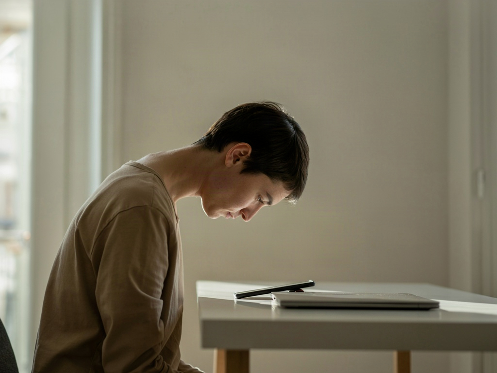 Tech neck posture at a desk that deepens neck lines and neck creases over time