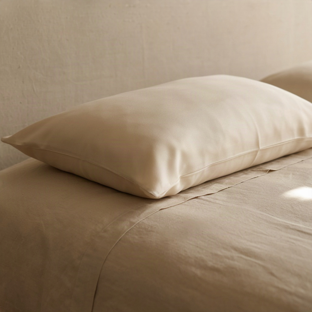 Silk pillowcase on a made bed, a simple habit that helps prevent neck wrinkles overnight