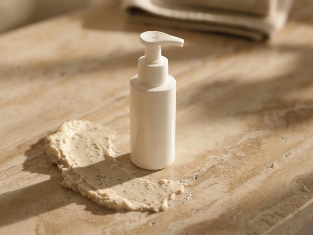 Cream face exfoliator swatch next to an exfoliating cleanser bottle on a stone counter