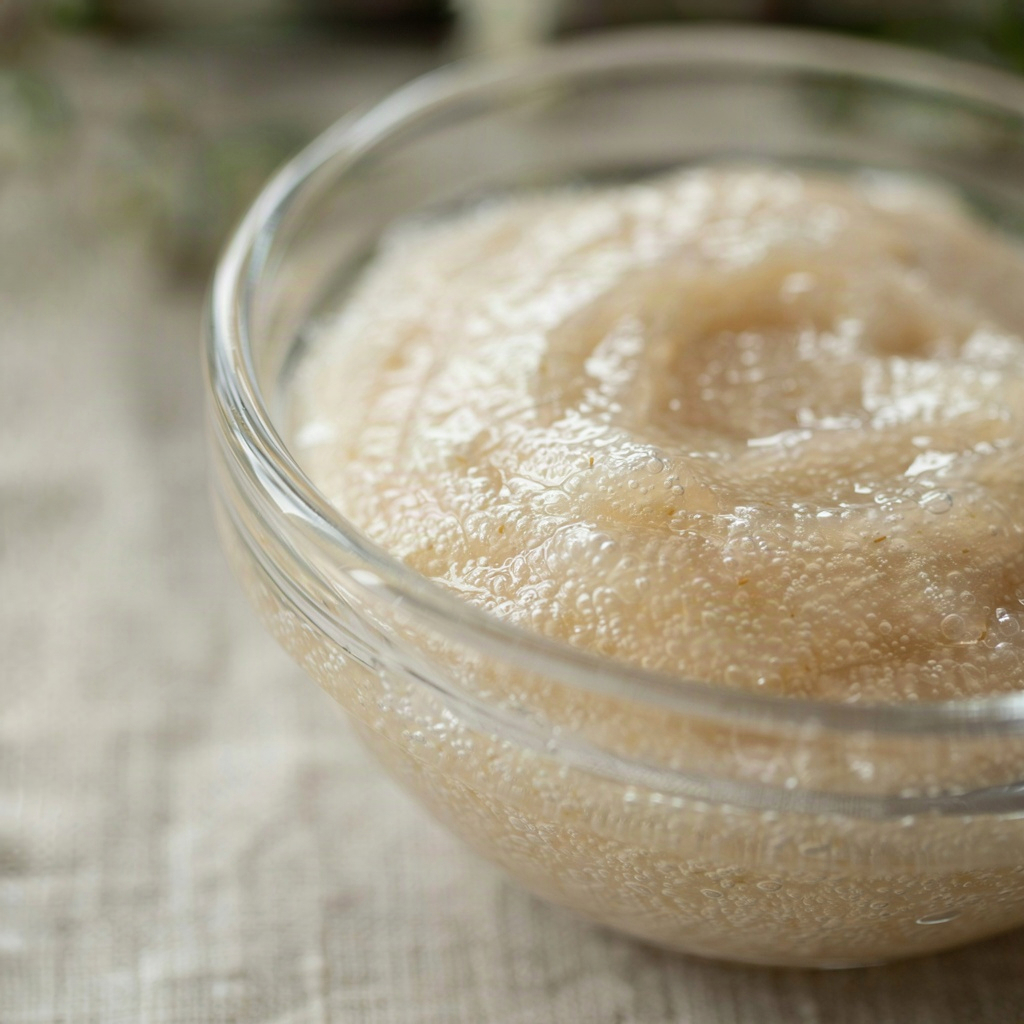 Macro view of fine grains in a gentle exfoliating scrub for face use in a glass dish