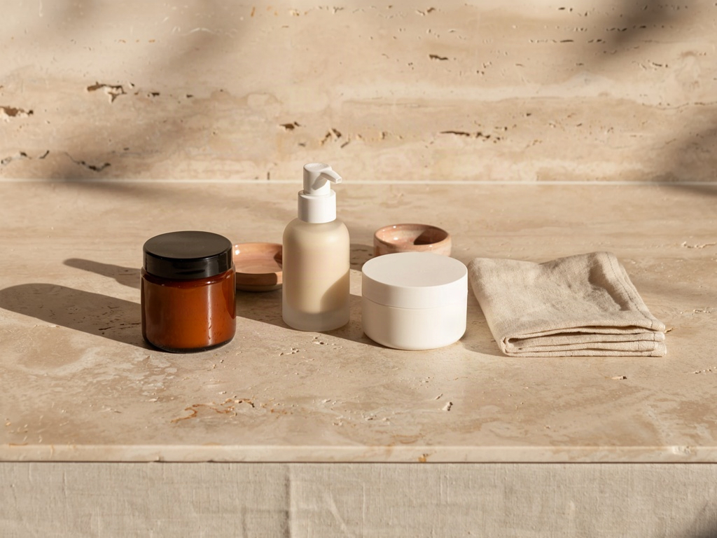 Bathroom counter lineup for an exfoliating face wash and gentle facial exfoliator routine