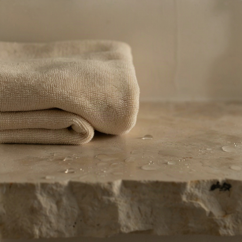 Soft folded cotton towel and water droplets suggesting recovery from over-exfoliated skin
