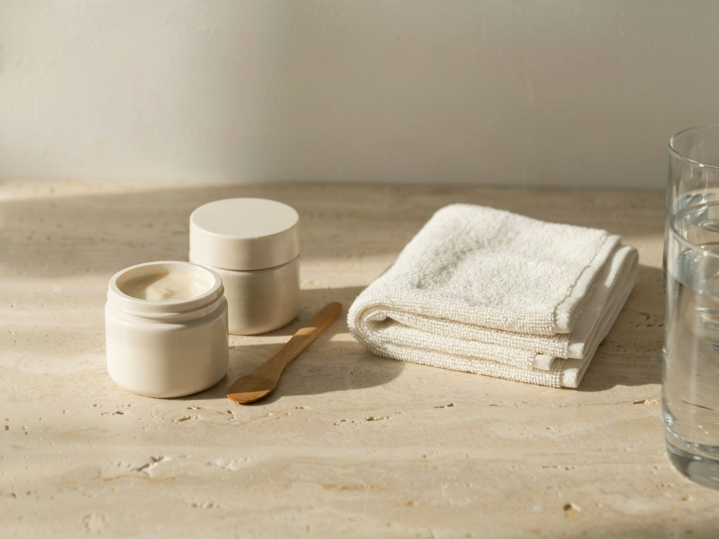Unbranded anti aging cream jar and spatula on a bathroom counter beside a folded towel
