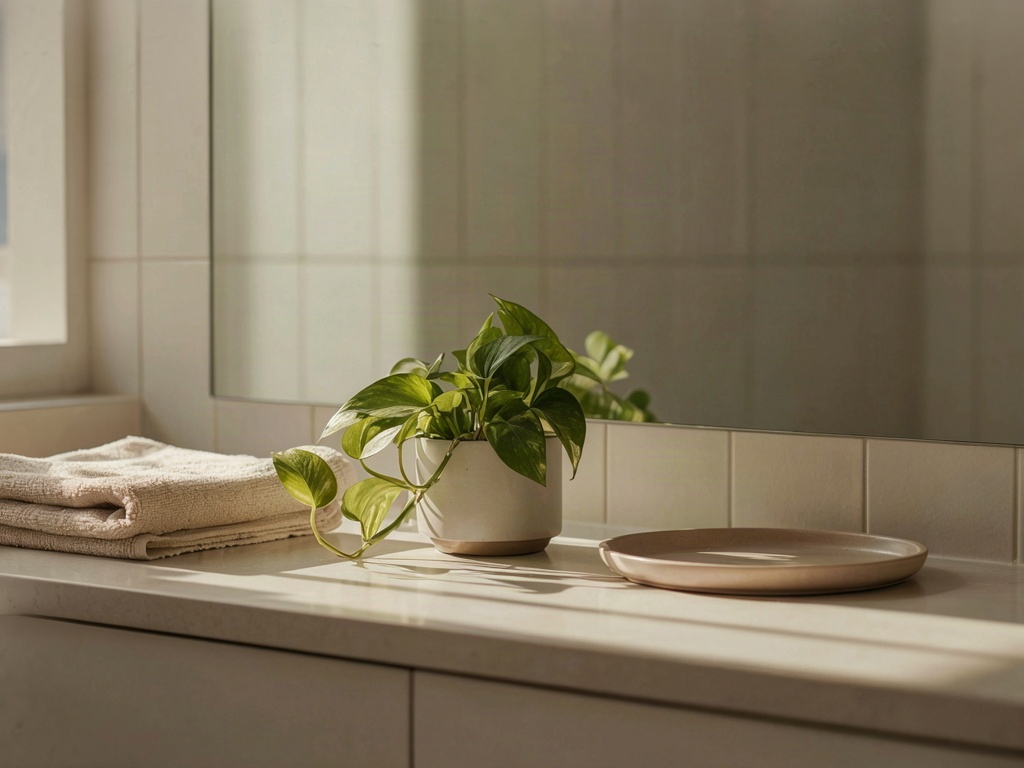 Sunlit bathroom vanity arranged for a morning serum and sunscreen routine