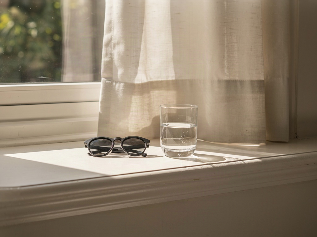 Sunglasses and a glass of water on a sunlit windowsill, the habits behind any anti aging eye cream