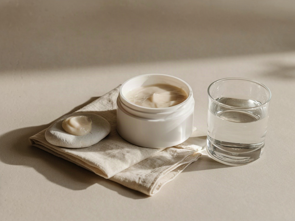 Hyaluronic acid moisturizer in an unbranded jar beside a gel-cream swatch on warm stone