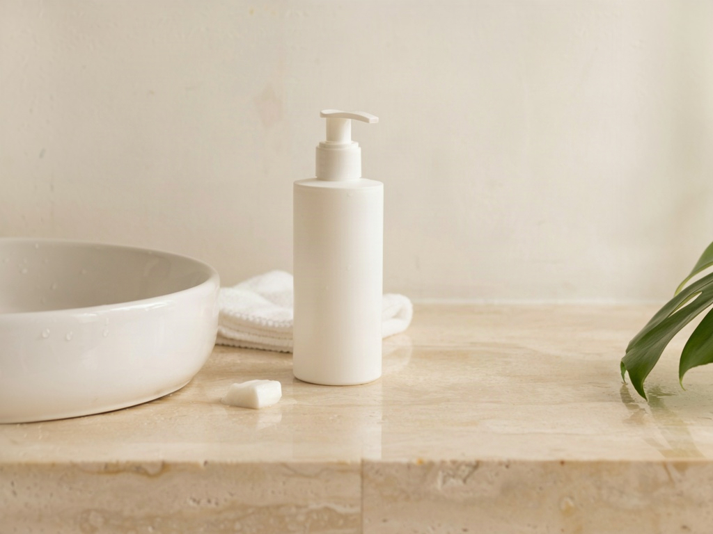 Unlabeled cleanser bottle and folded washcloth beside a basin, the first step of a face care routine