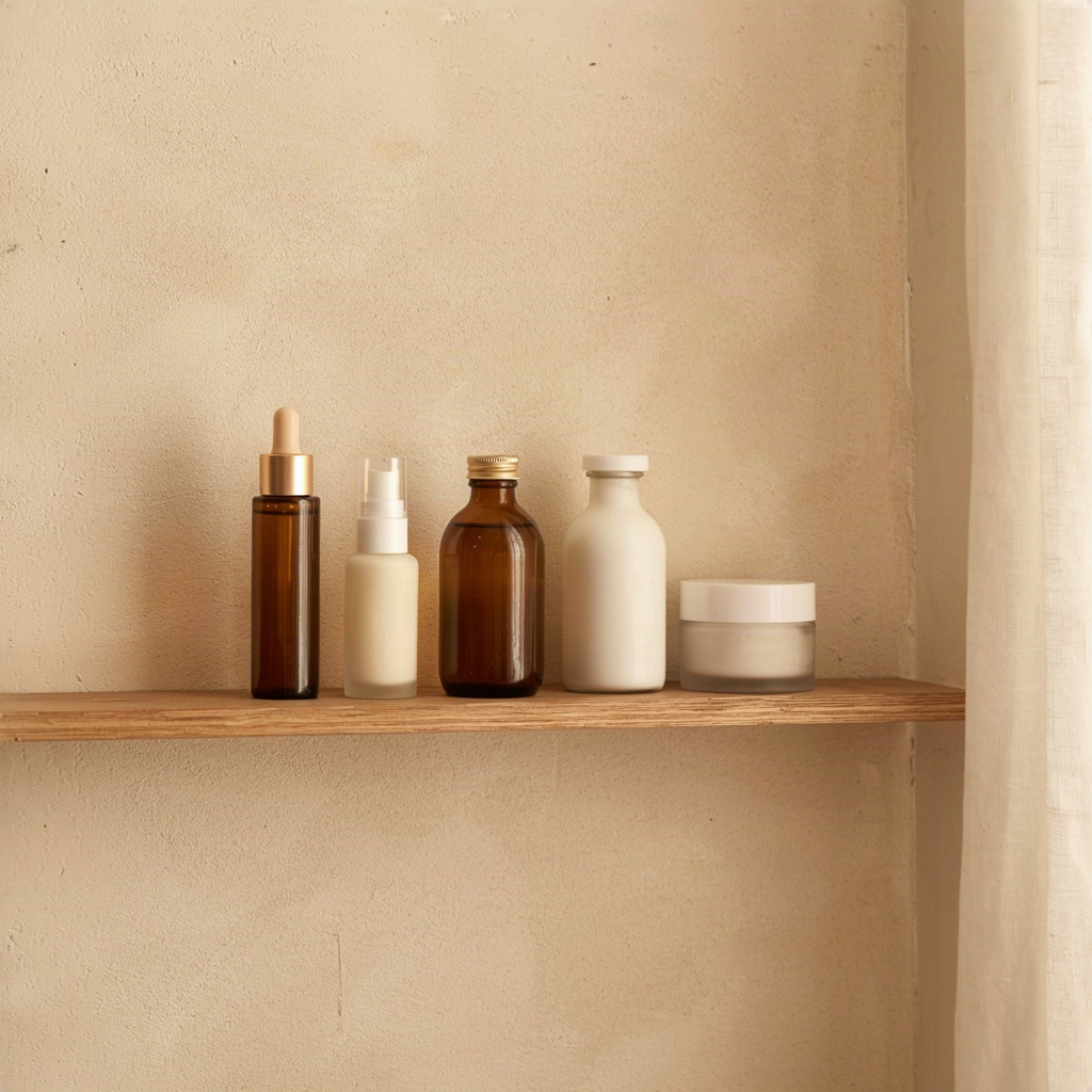 Row of unlabeled serum bottles and a cream jar representing dermatologist recommended skin care products