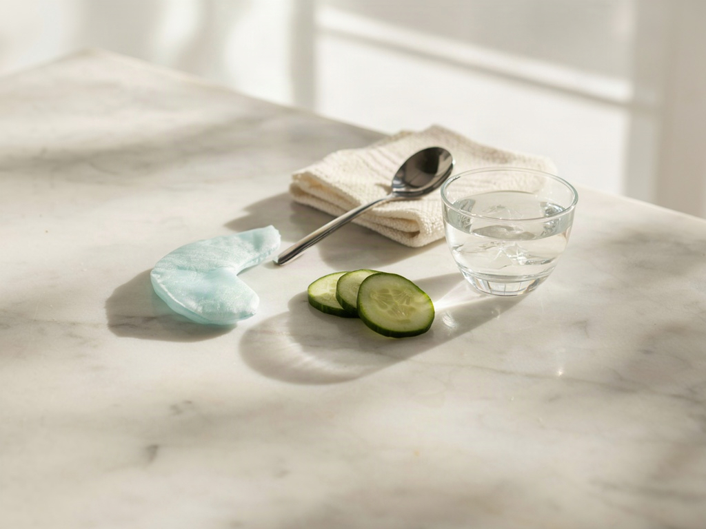 Chilled spoon, gel eye mask and cucumber slices used for how to get rid of bags under eyes quickly