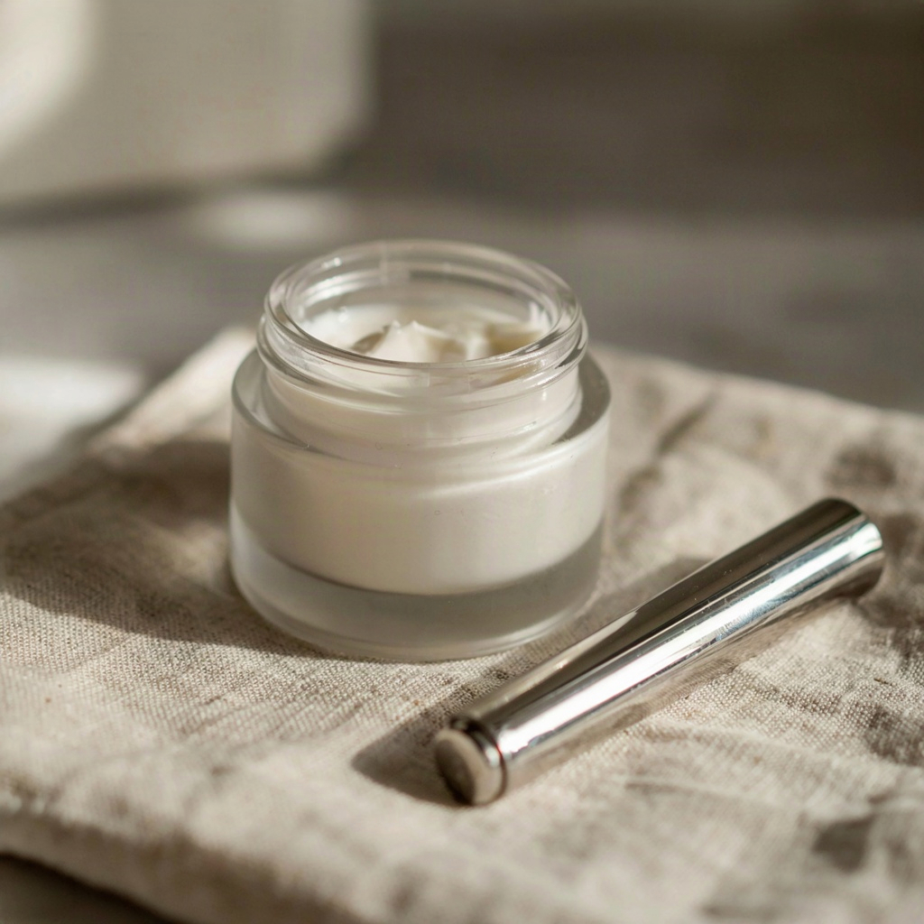 Unbranded eye cream jar and metal cooling applicator, the format behind the best eye creams for bags