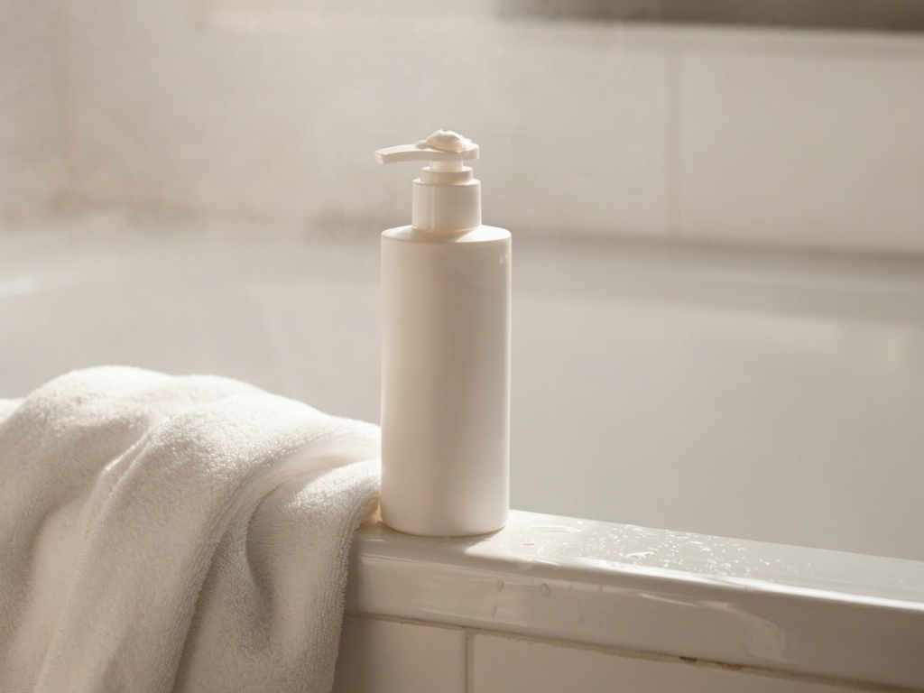 Unscented moisturizer for dry skin in a pump bottle beside a bath towel after a shower