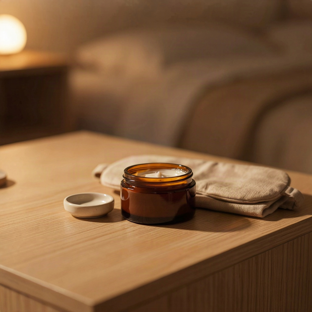 Fragrance free night moisturizer jar on a bedside table in warm evening light