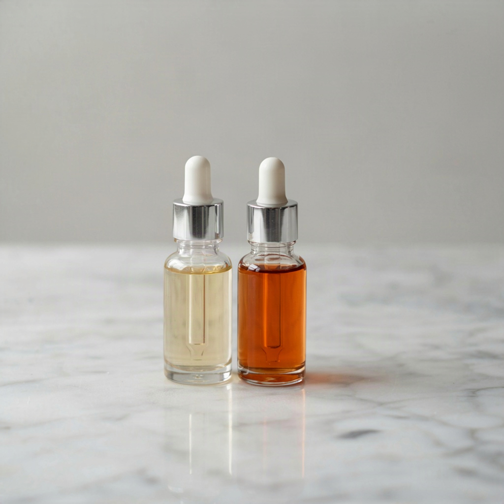 Two serum bottles side by side, one pale and one darkened by oxidation, a sign vitamin c skin care has expired