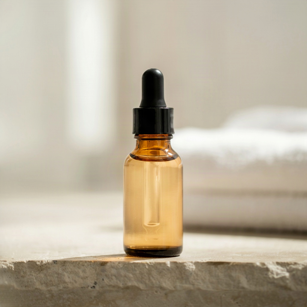 Unbranded amber dropper bottle of 20 vitamin c serum on a bathroom shelf in morning light