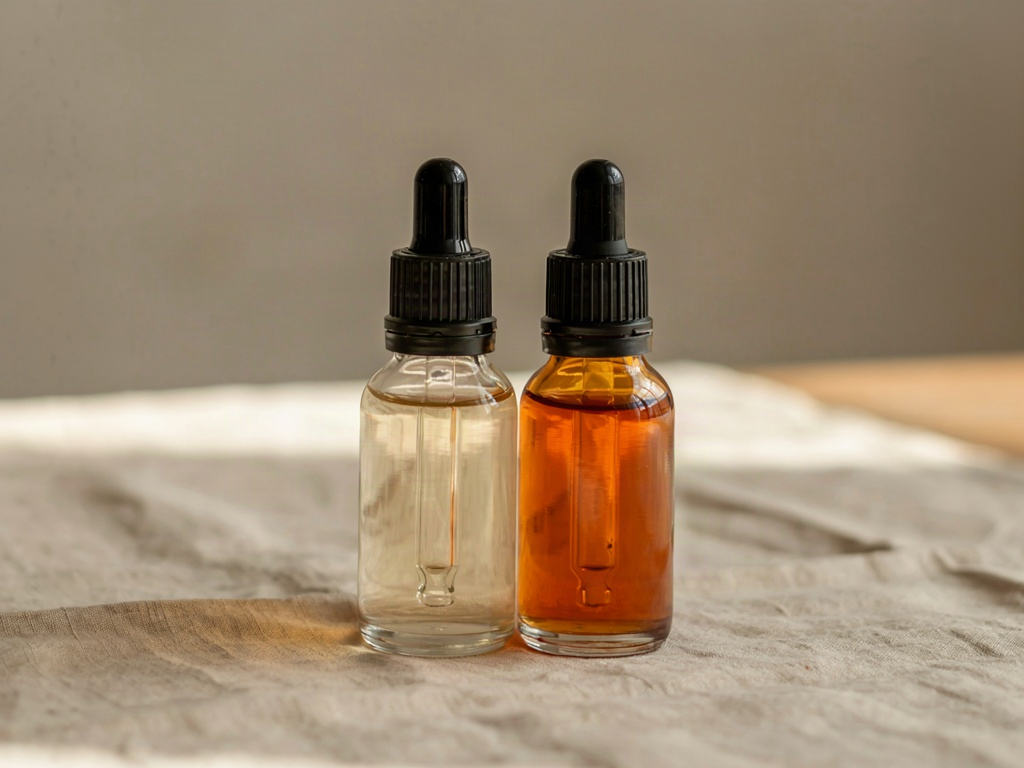 Two serum bottles side by side showing the color shift from fresh to oxidized vitamin c with ferulic acid