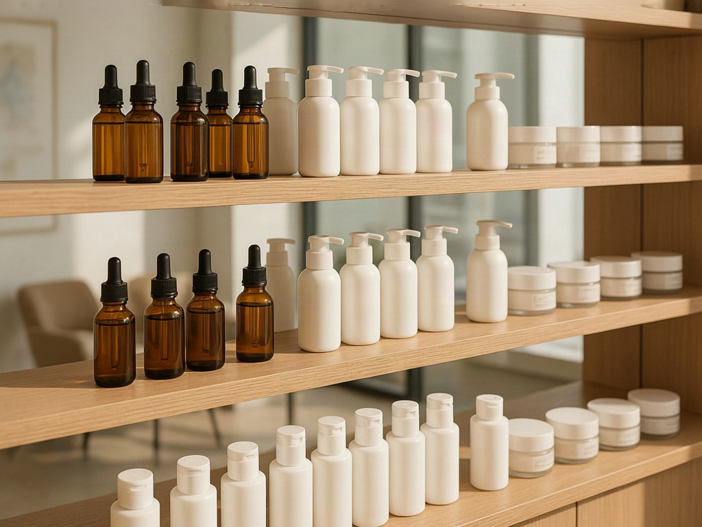 Unbranded medical skincare serums and creams on a dermatology clinic shelf
