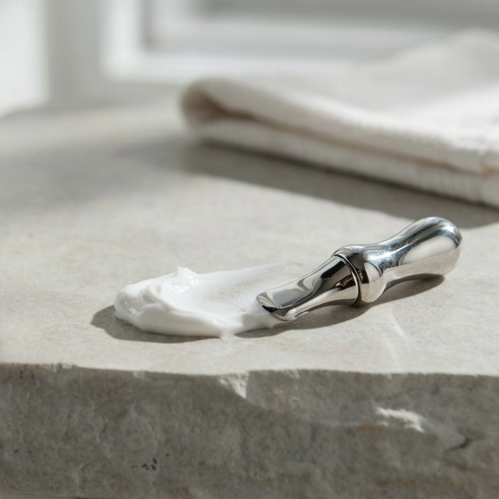 Macro swatch of thick night cream swirled on stone, showing the texture a night face cream should have