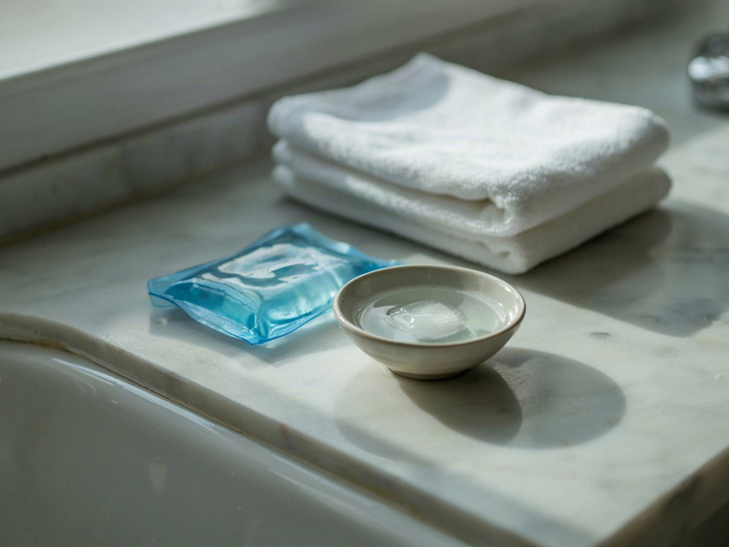 Cool compress and washcloth on a bathroom ledge, a first step before under eye puffiness products