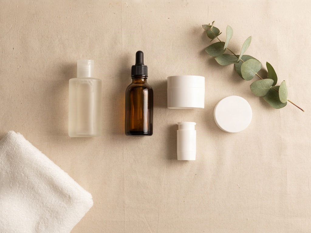 Four-piece skincare set flat-lay with cleanser, serum, moisturizer and sunscreen on linen