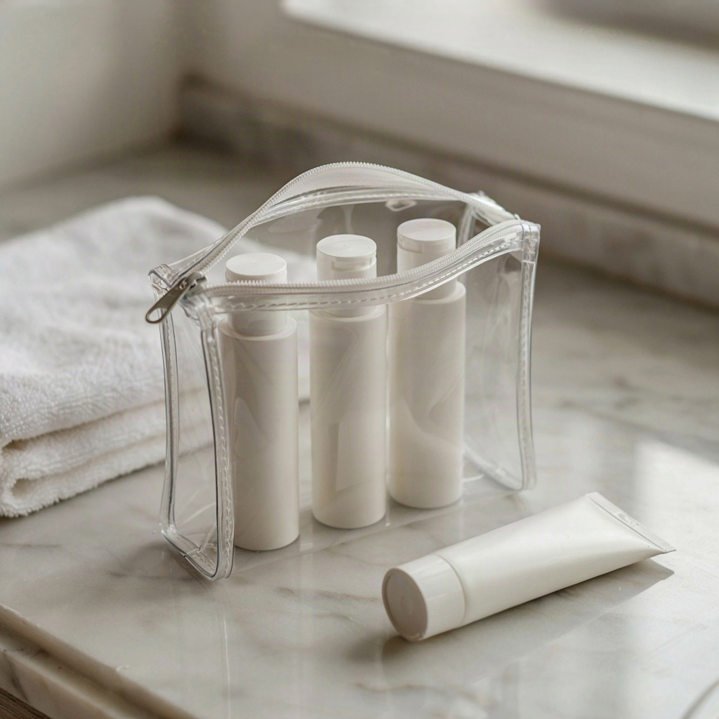 Travel skincare kit of four minis standing upright in an open zip pouch on a marble counter