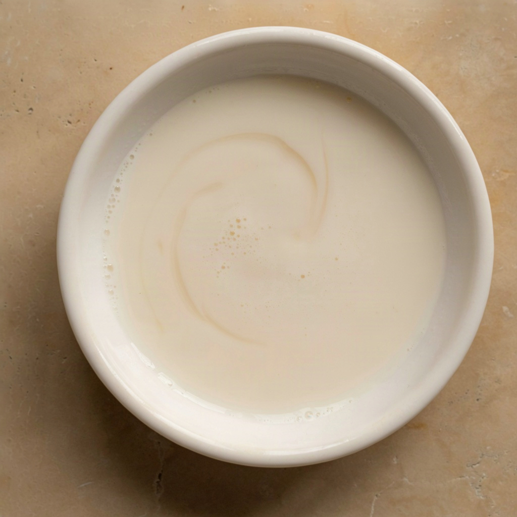 Milky moisturizing toner poured on a ceramic dish showing its lotion-like texture