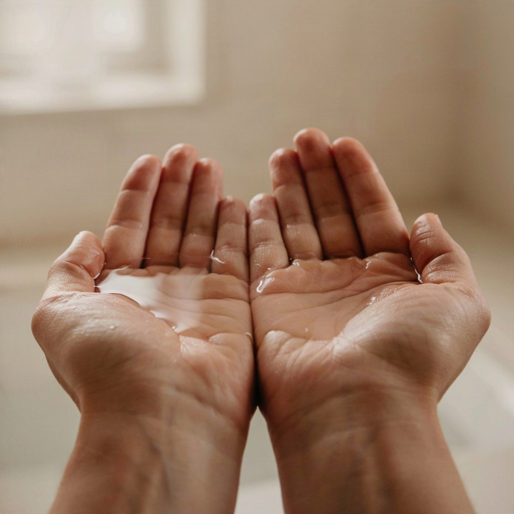 Open palms holding a film of hydrating toner ready to press into damp skin