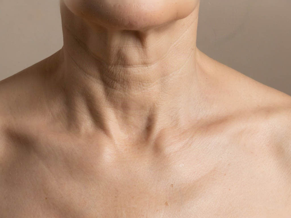 Loose neck skin and early jawline slackening seen in soft daylight