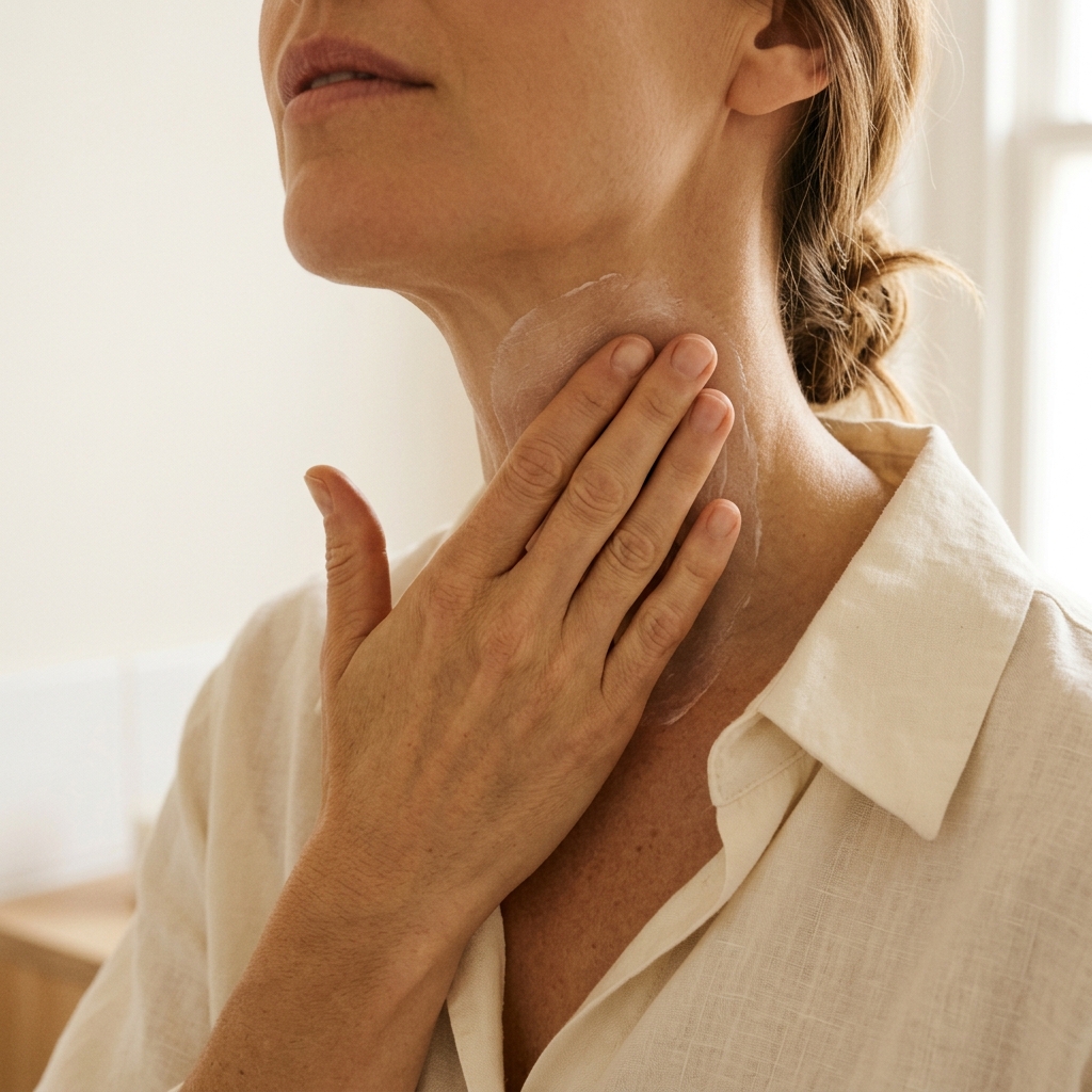 Hands sweeping cream upward along the neck to firm neck skin at home