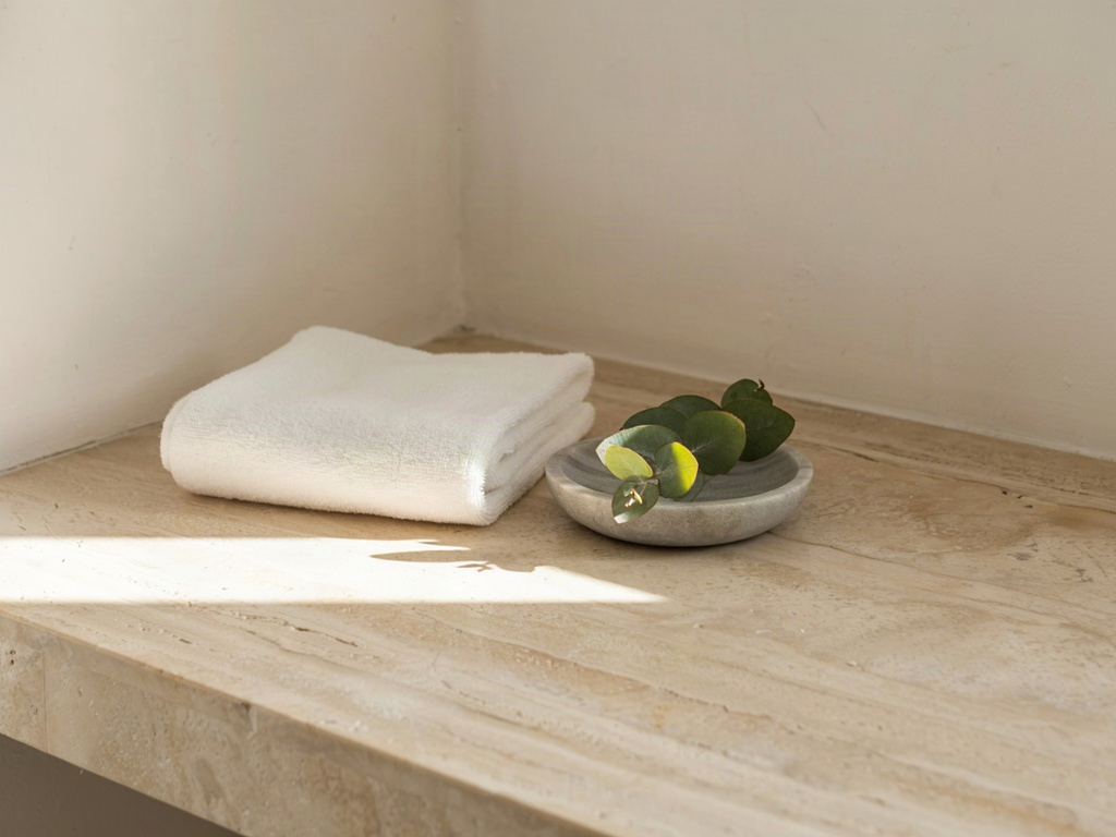 Sunlit bathroom counter with folded towel and eucalyptus, the daily setting for a neck lotion habit