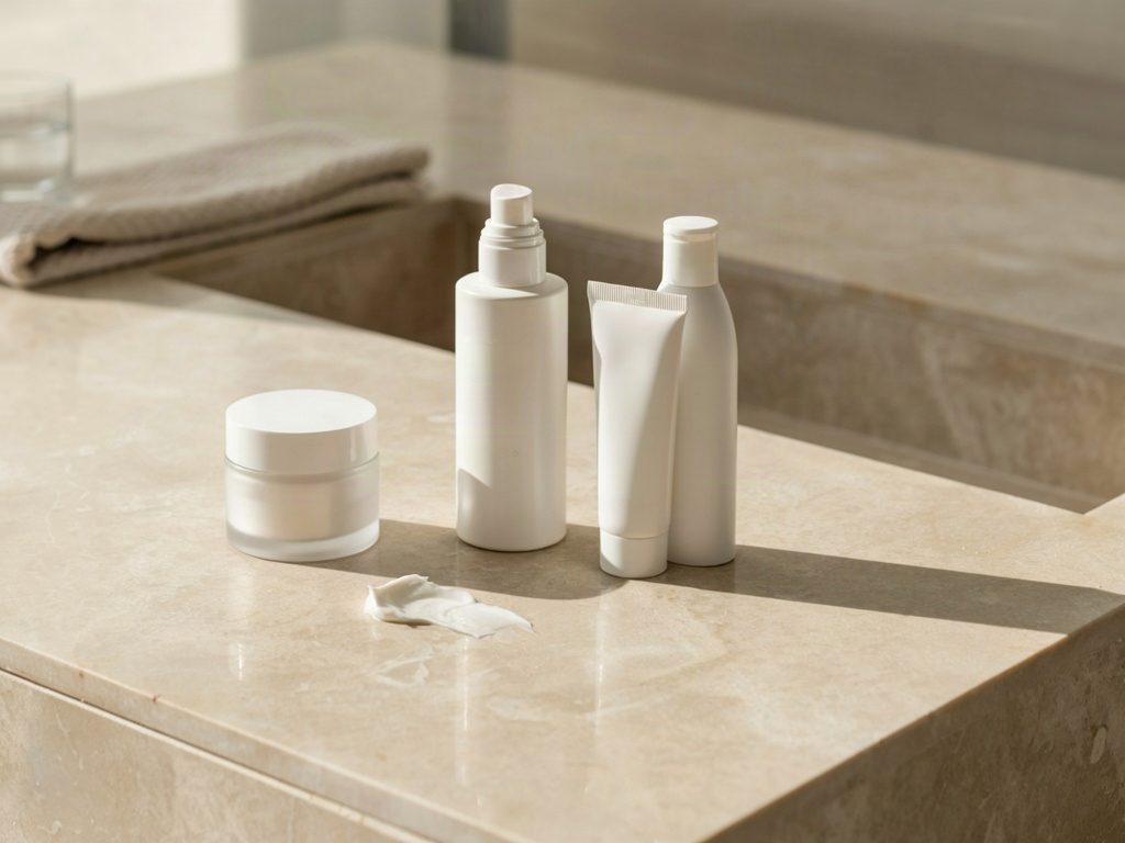 Best face sunscreen bottles and a cream swatch lined up on a bright bathroom counter