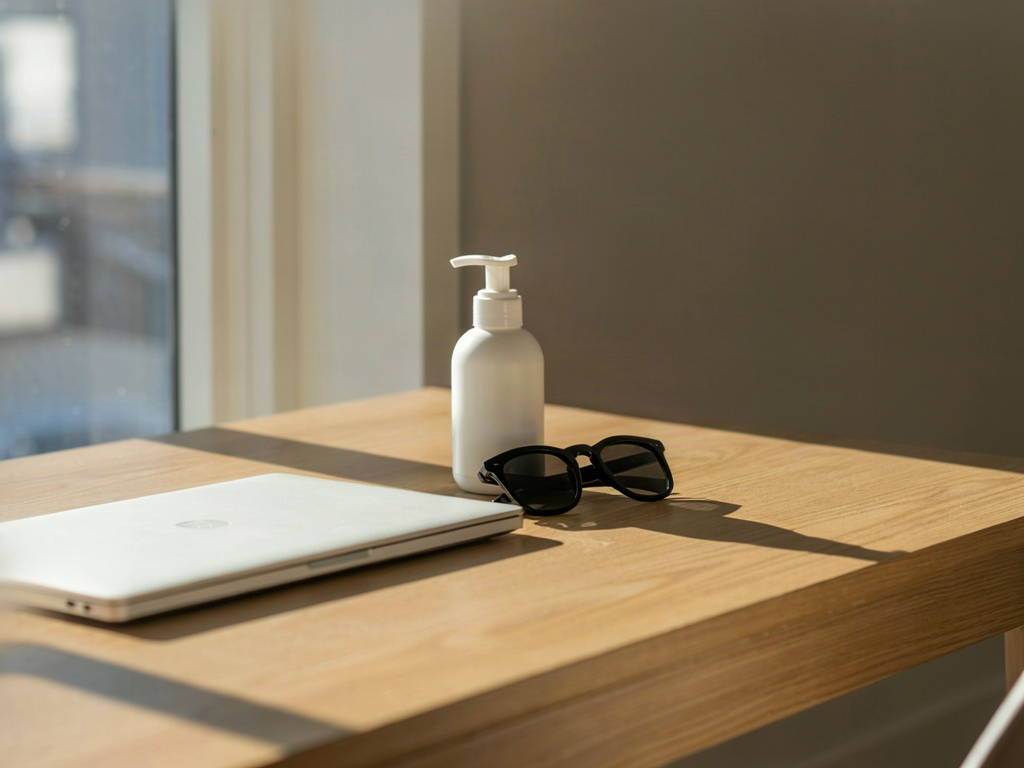 Daily sun exposure through a window beside a face lotion with spf bottle