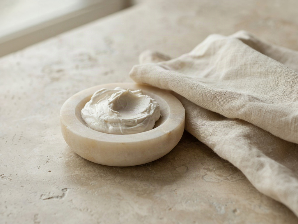 Stone dish of unbranded skin tightening cream on a bathroom counter beside a linen towel