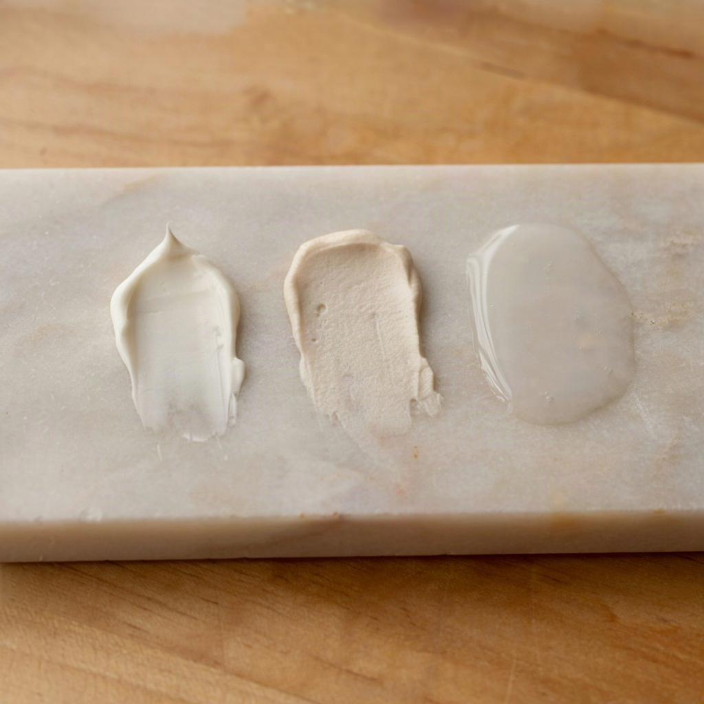 Three firming face cream textures swatched on stone: balm, whipped cream and fluid lotion