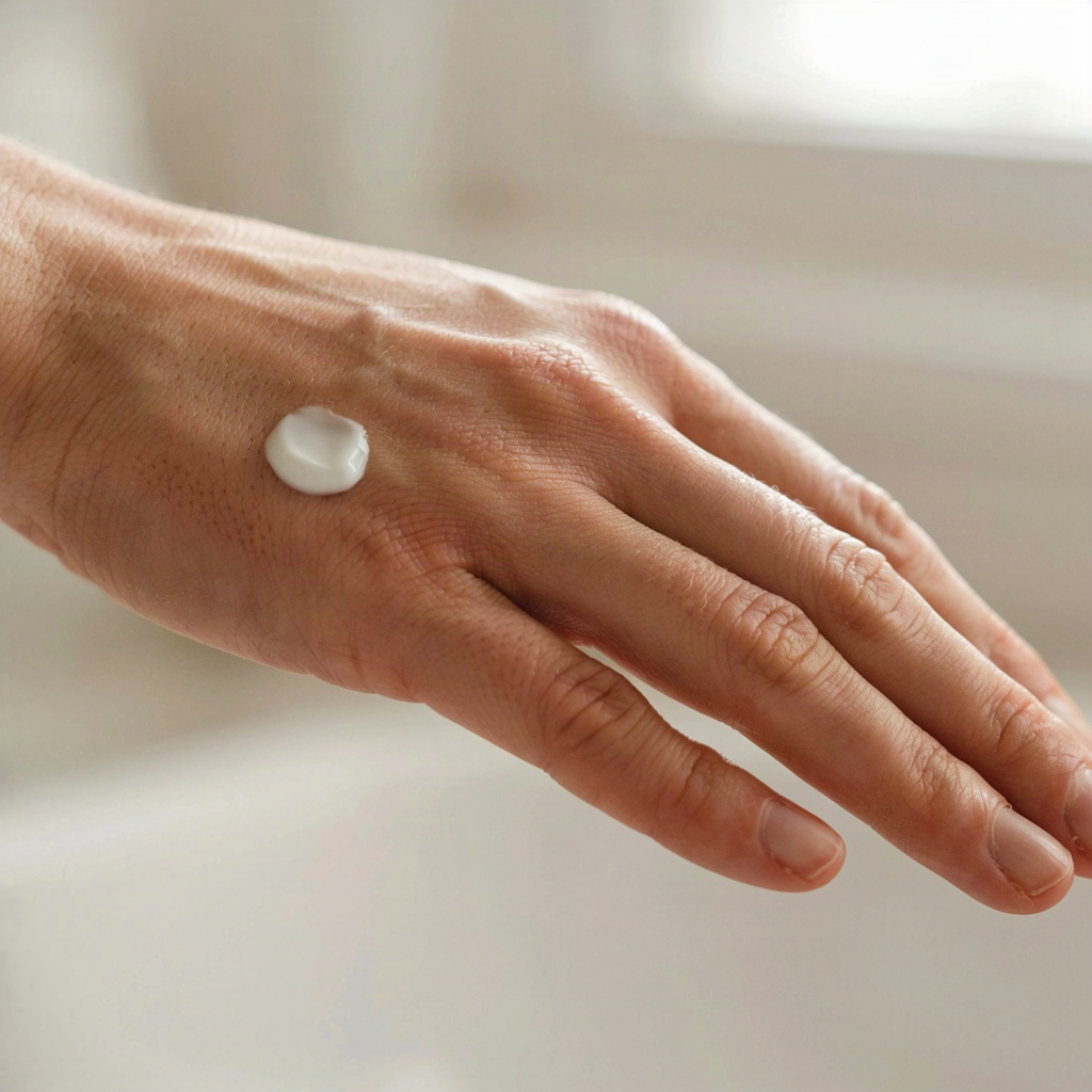 Pea-sized dab of firming cream on the back of one hand before it is spread on the face