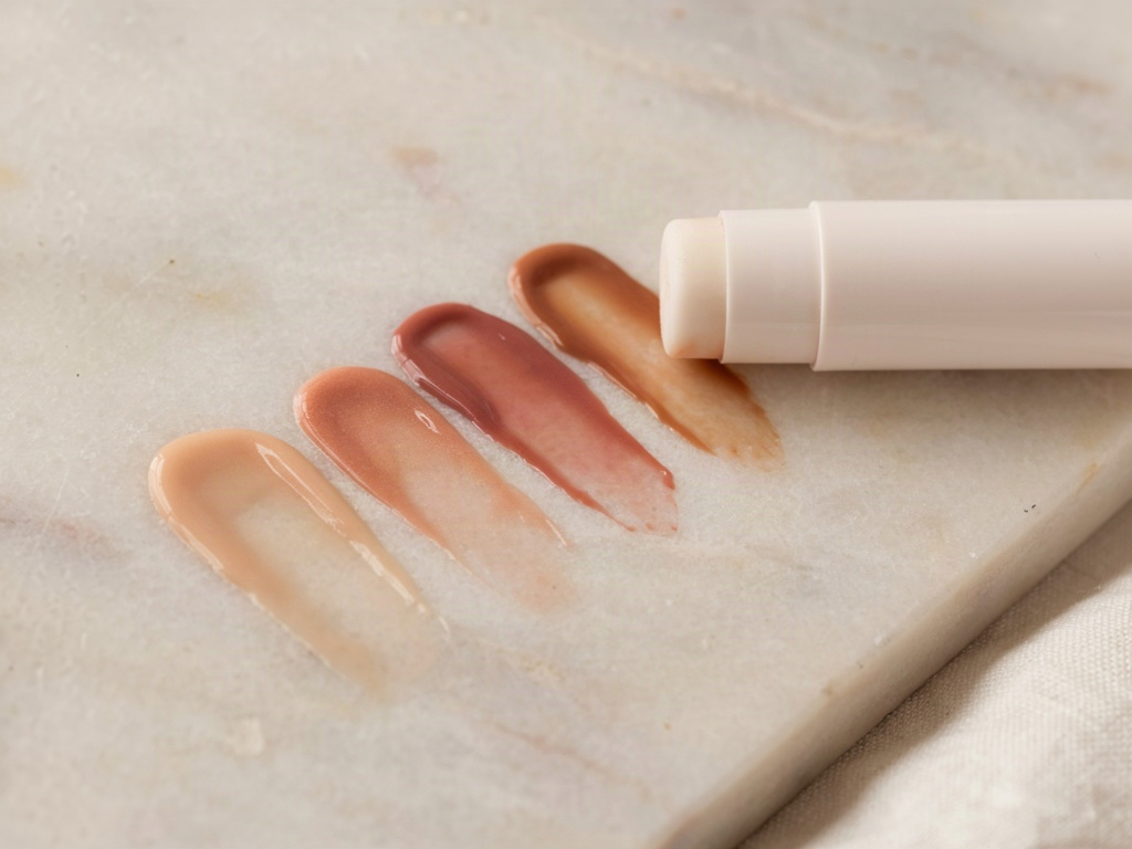Four sheer colored lip balm swatches swiped side by side on neutral stone beside a balm stick