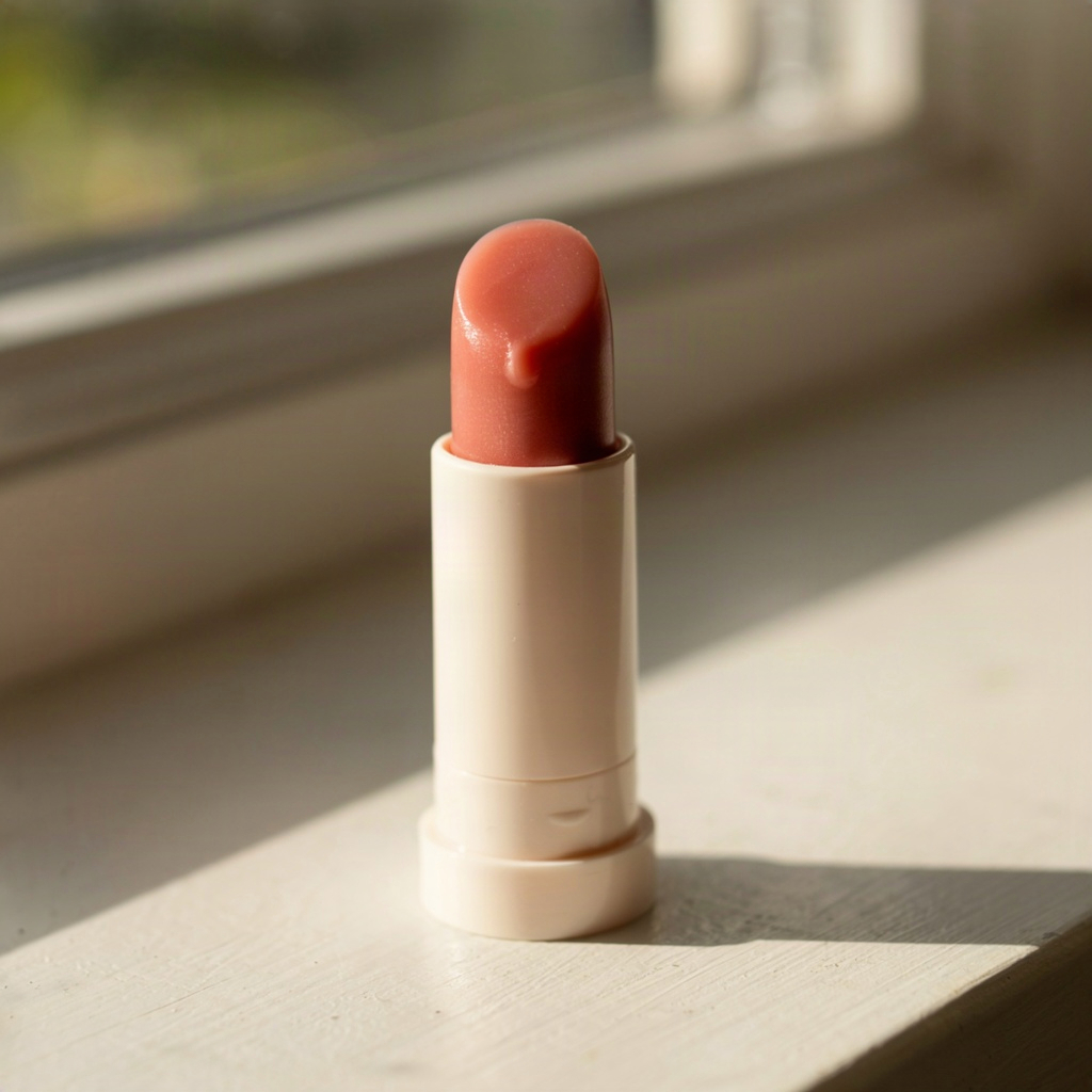 Unbranded tinted lip balm stick softening in warm sunlight on a windowsill