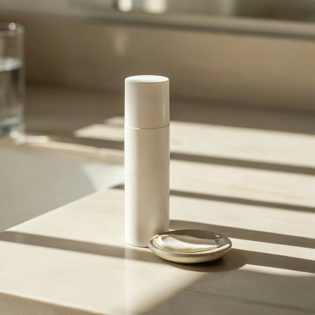 Sunscreen tube on a sunlit bathroom counter as the last step of a morning skin care routine order