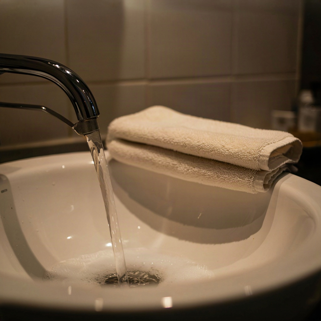 Evening basin with cleansing foam and a warm towel, the first of the skincare steps in order