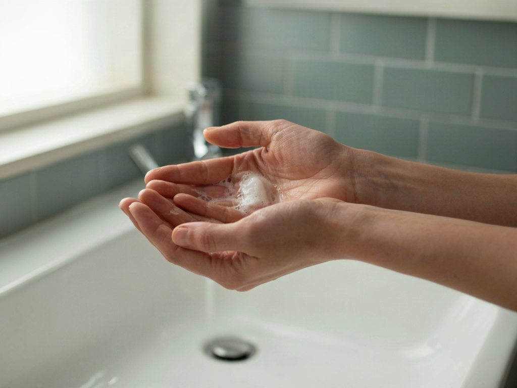 Acne face wash lathered between damp hands at a bathroom sink