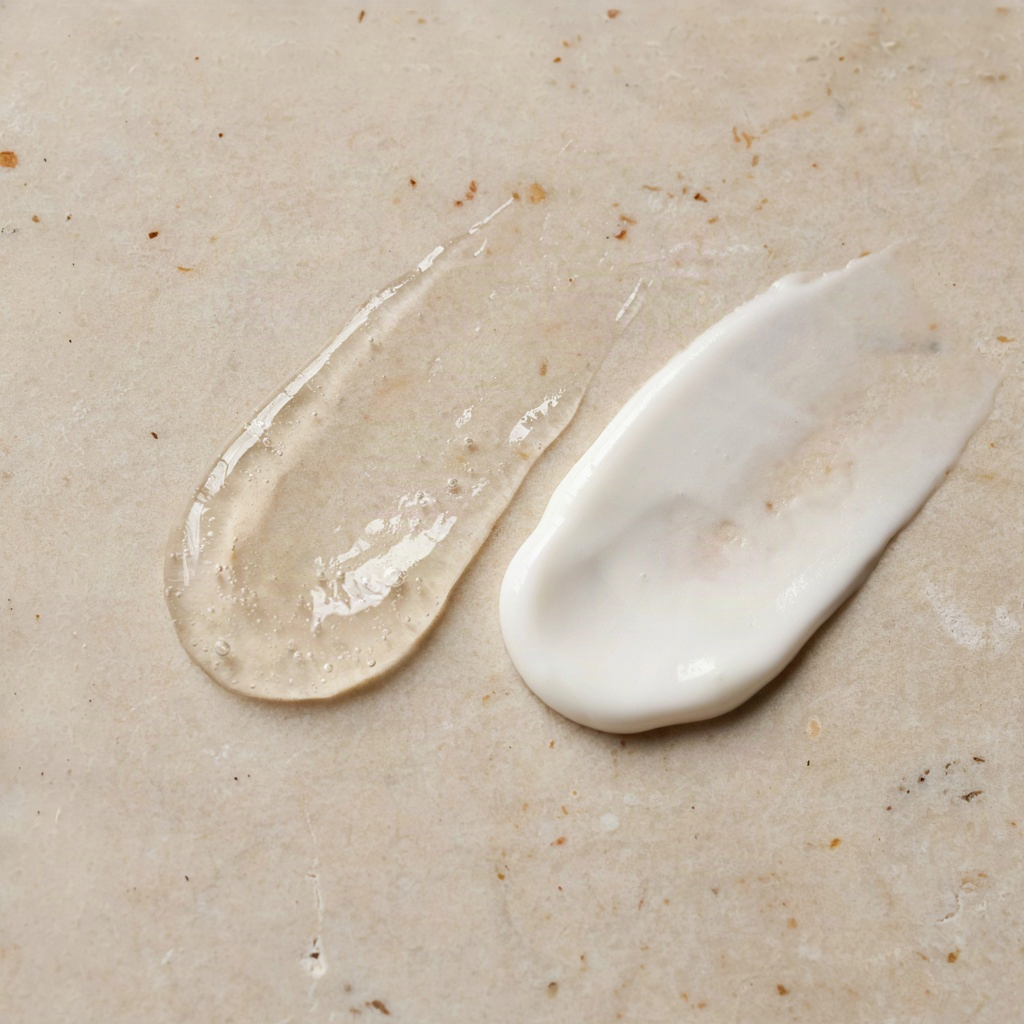 Gel and cream cleanser textures swatched side by side on neutral stone